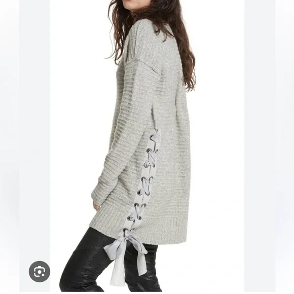 Free People Gray Sweater Tunic Mini Dress with Lace-Up Sides XS Fits up to M - Picture 3 of 10